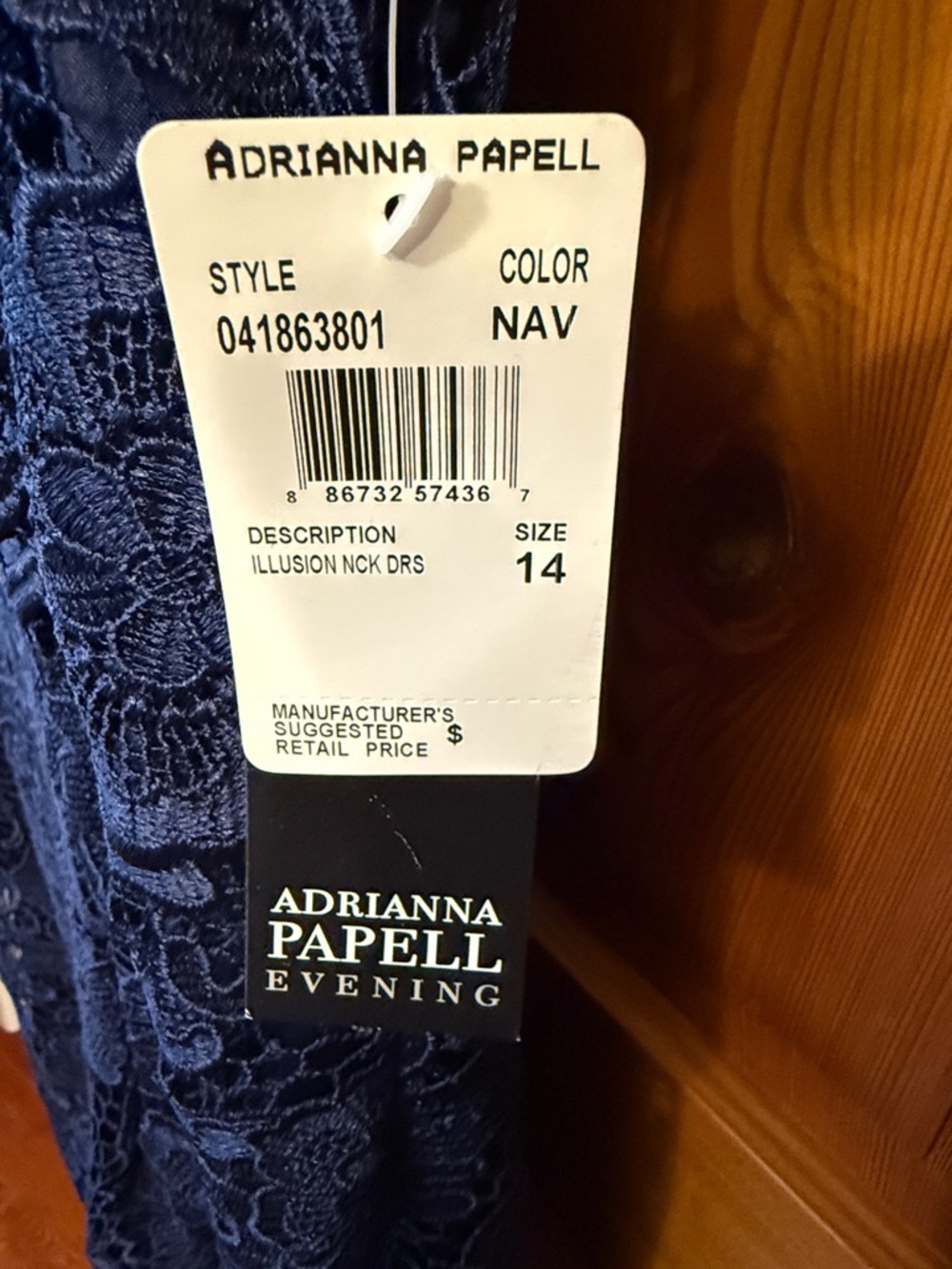 Adrianna Papell Navy Lace Illusion Neck Dress